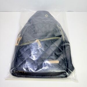 Fashion JINGPIN Creations Black Quilted Nylon Sling Crossbody Bag Gold Hardware